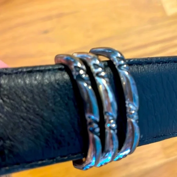 VTG Patricia Green Details Leather Belt Black Etched Buckle Medium Made IN USA - Picture 3 of 9